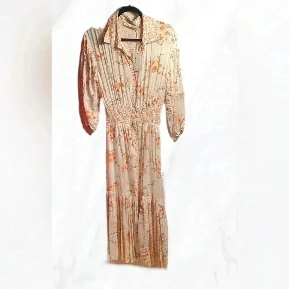 NWT Dex orange  cream smock waist floral mid sleeve dress XS - Picture 2 of 5
